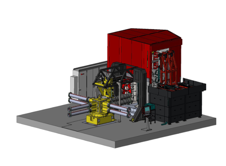 3D CAD rendering of the full STAHL-2 machine layout with red enclosure and yellow loading unit.