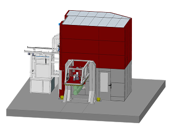 3D CAD rendering of the STAHL-2 machine showing the red enclosure and side access structure.