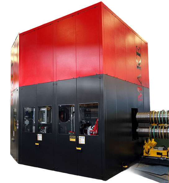 Large red and black industrial manufacturing machine with MAKE branding on the side.